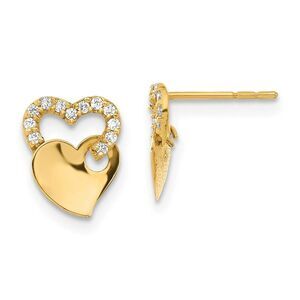 Kids Cubic Zirconia Double Heart Post Earrings in 14k Yellow Gold